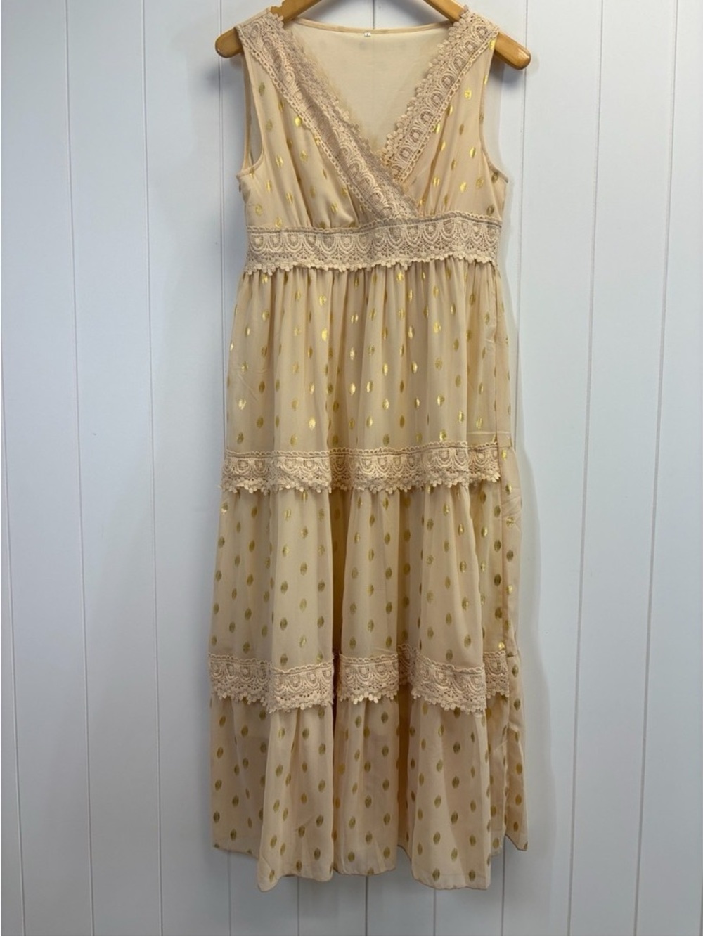 Girls Cream Lace Tiered Dress with Gold Dot Accents